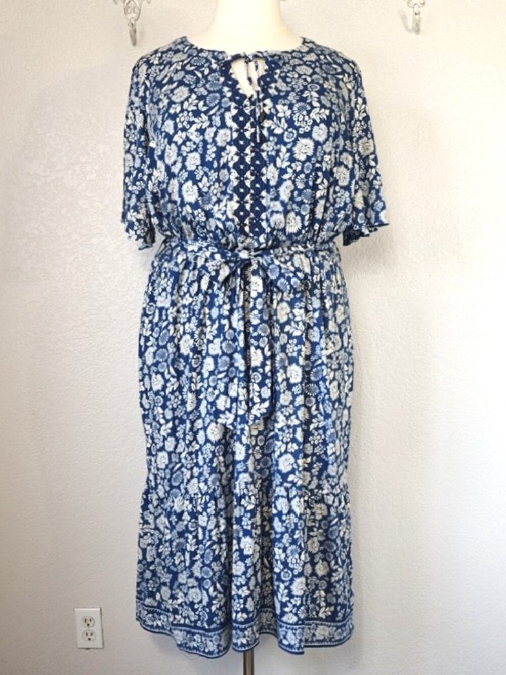 Lucky Brand 3X Midi Shirt Dress Pockets Blue Boho Floral Tie Keyhole Neckline